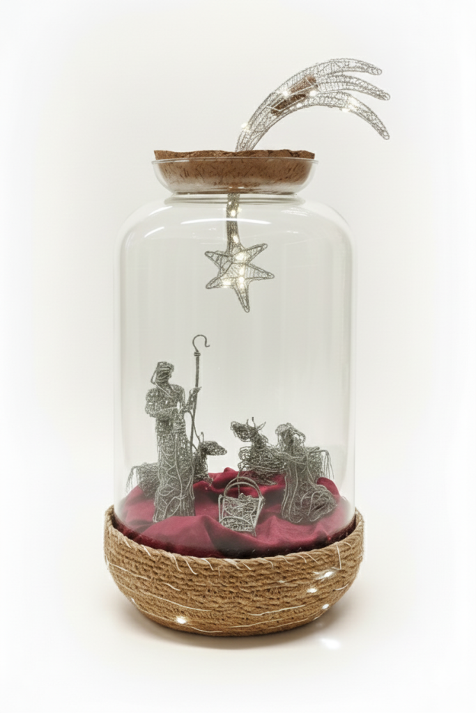 Crèche Artisanale en Fil de Fer sous Cloche en Verre